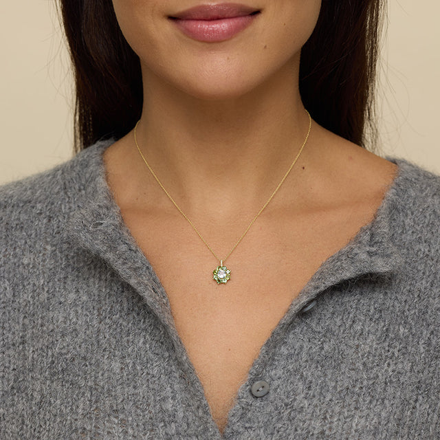 Petite Statement Mint Tourmaline Flower Pendant Necklace with Aquamarine Center