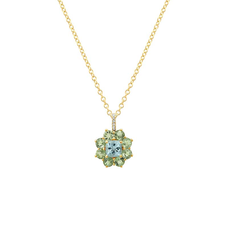 Petite Statement Mint Tourmaline Flower Pendant Necklace with Aquamarine Center