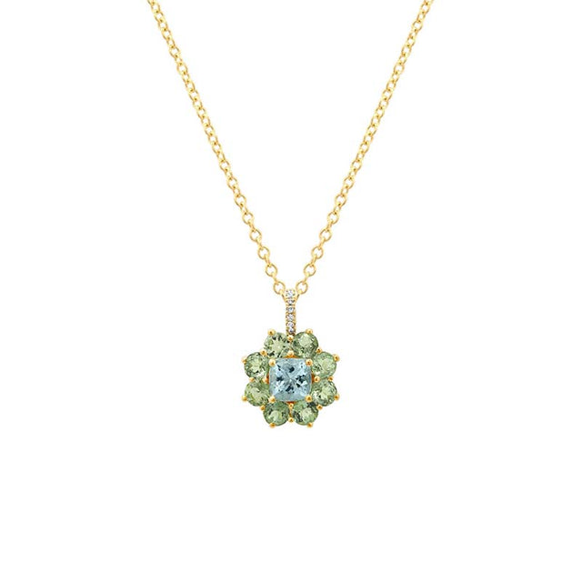 Petite Statement Mint Tourmaline Flower Pendant Necklace with Aquamarine Center