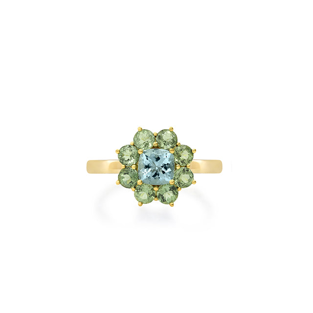 Petite Statement Mint Tourmaline Flower Ring with Aquamarine Center