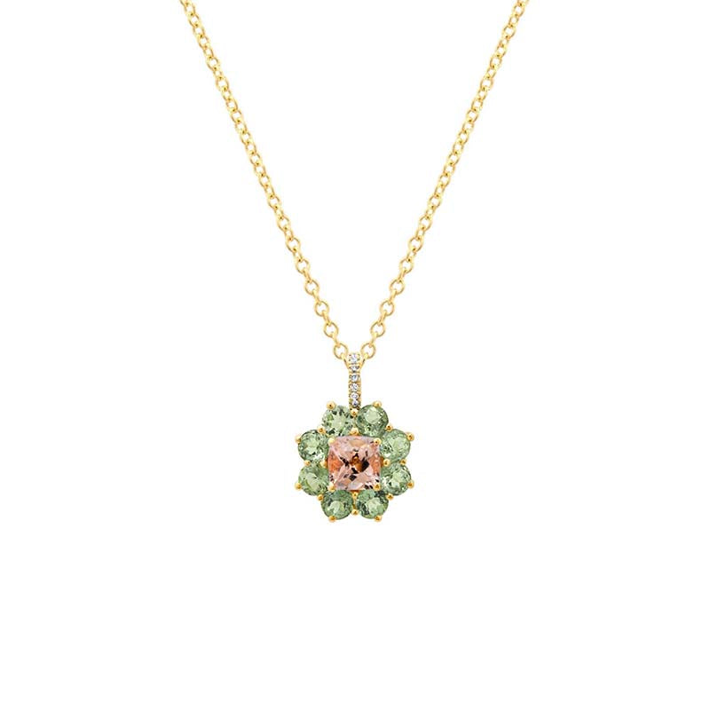 Petite Statement Mint Tourmaline Flower Pendant Necklace with Morganite Center