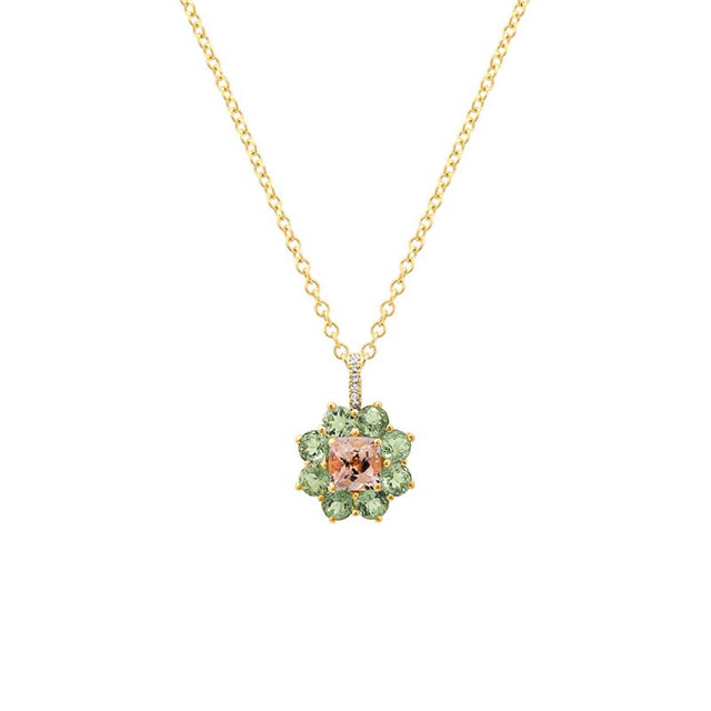 Petite Statement Mint Tourmaline Flower Pendant Necklace with Morganite Center
