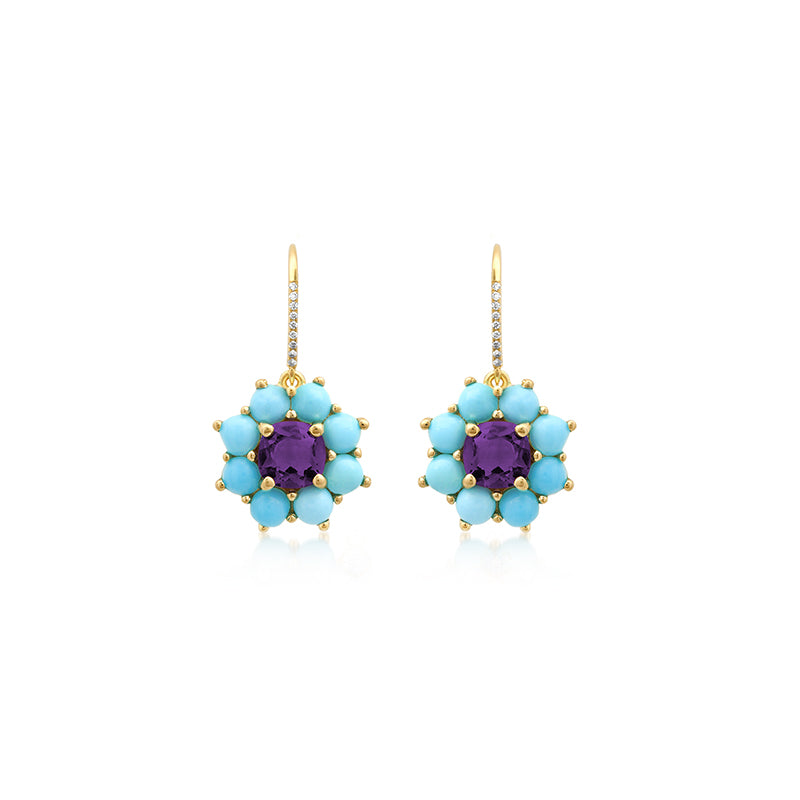 Petite Statement Turquoise Flower Drop Earrings with Amethyst Center