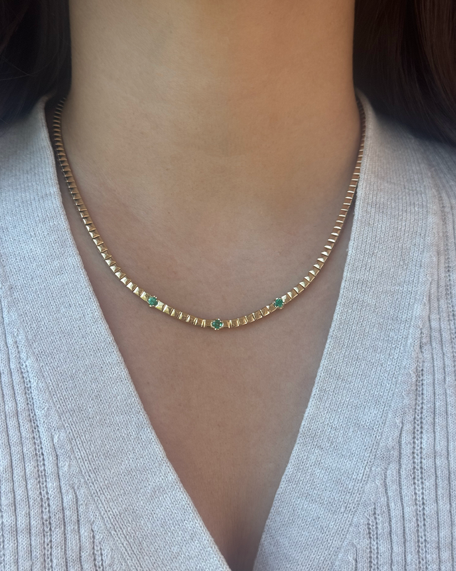 Square Tennis Necklace with 3 Illusion Set Emerald Accents