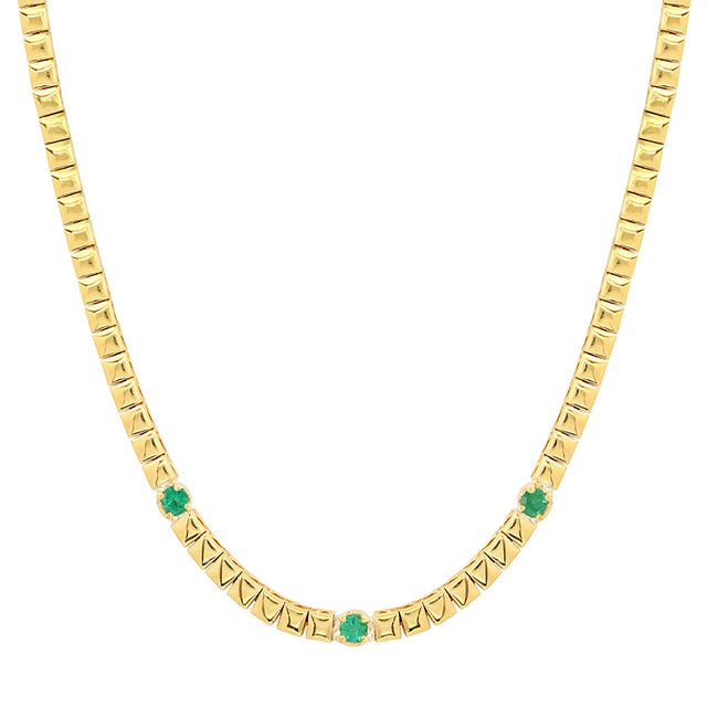 Square Tennis Necklace with 3 Illusion Set Emerald Accents