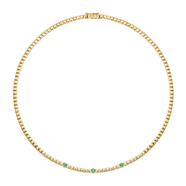 Square Tennis Necklace with 3 Illusion Set Emerald Accents