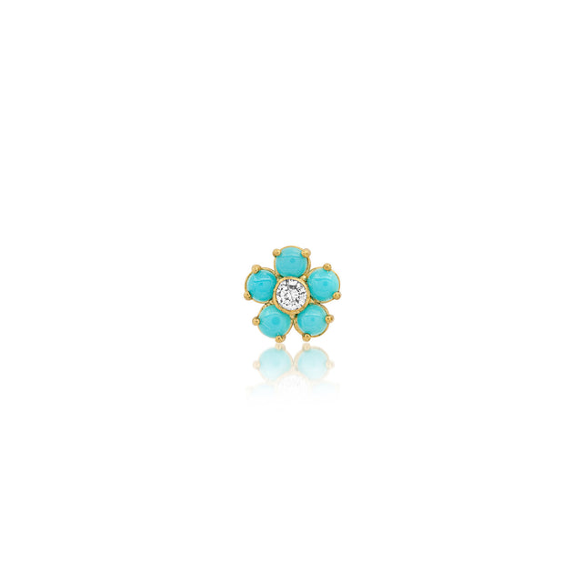 Single Mini Turquoise Flower Stud with Diamond Center