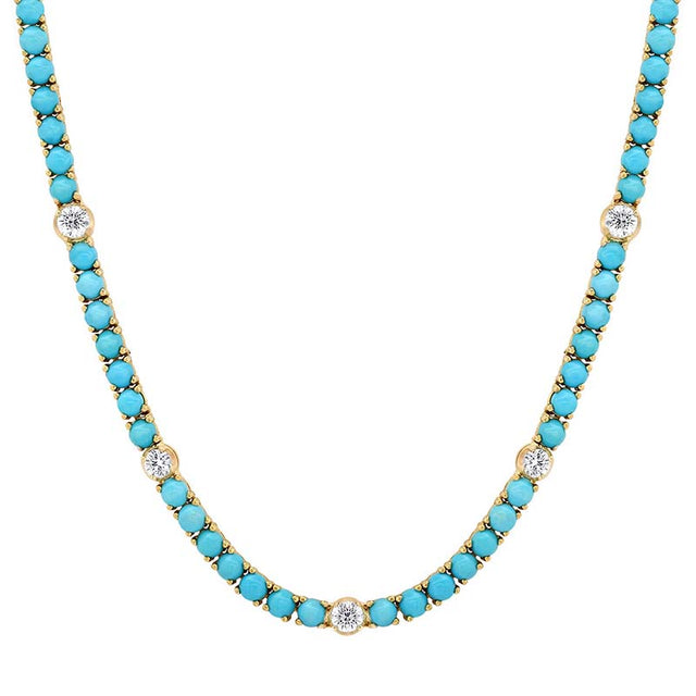 Large 4-Prong Turquoise Tennis Necklace with 5 Illusion Set Diamond Accents