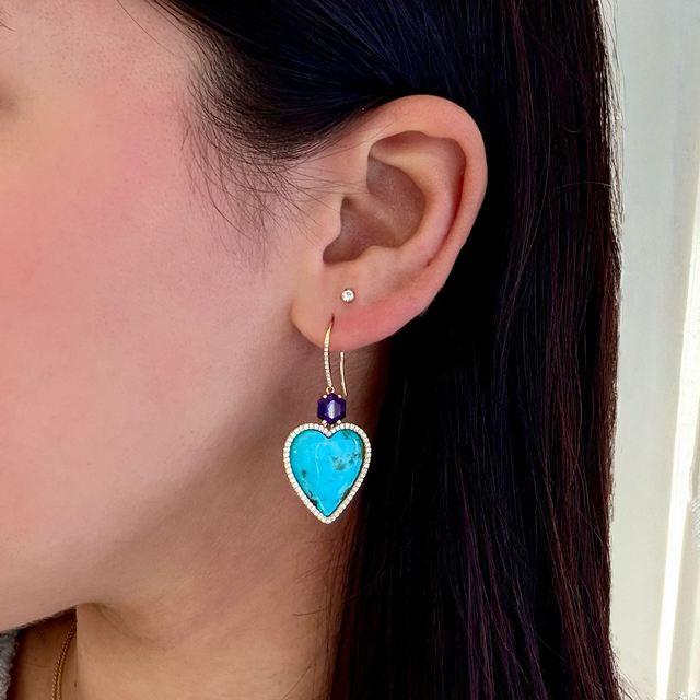 Turquoise Cabochon Heart and Amethyst Drop Earrings with Diamonds