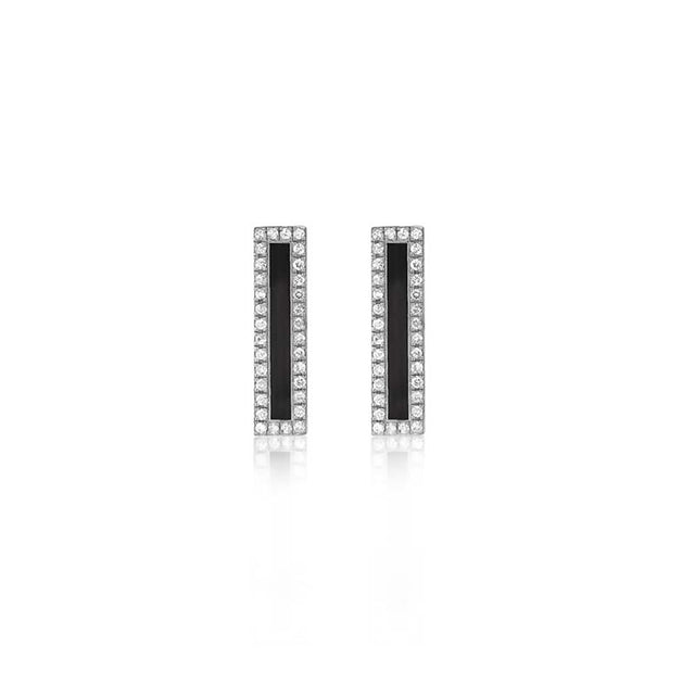 White Gold Onyx Inlay Long Bar Studs with Diamonds