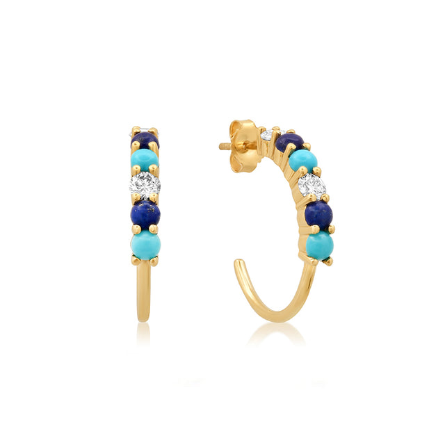 Small 4-Prong Diamond Lapis and Turquoise Hoops