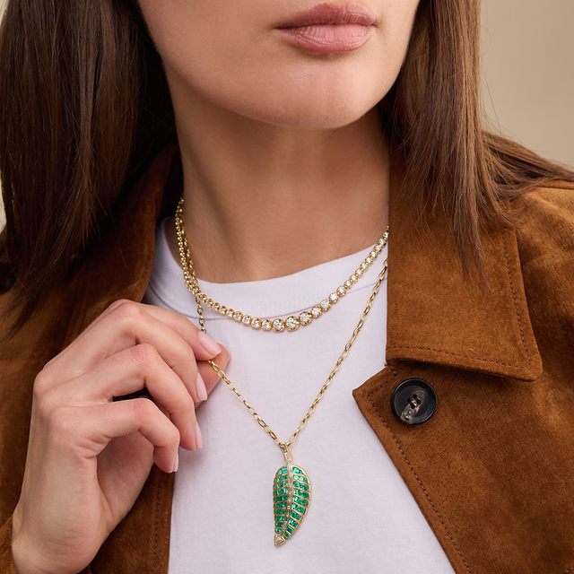 Large 20th Anniversary Emerald & Diamond Leaf Necklace
