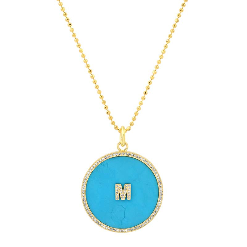 Large Turquoise Inlay Circle Pendant Necklace with Diamond Letter Detail