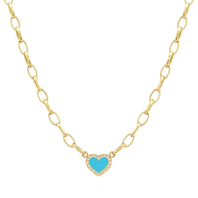 Small Edith Link Necklace with Turquoise Inlay Heart with Diamonds