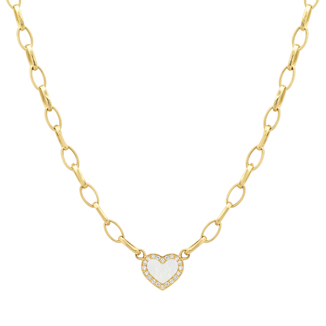 Small Edith Link Necklace with Mother of Pearl Inlay Heart with Diamonds
