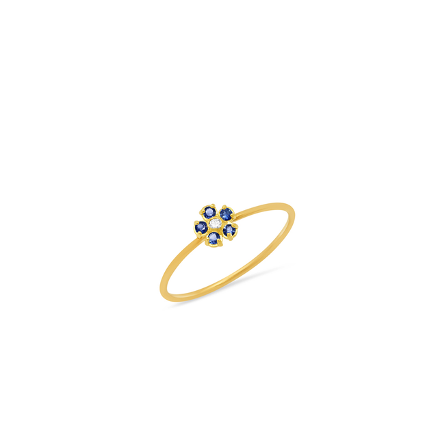 Blue Sapphire Flower Ring with Diamond Center