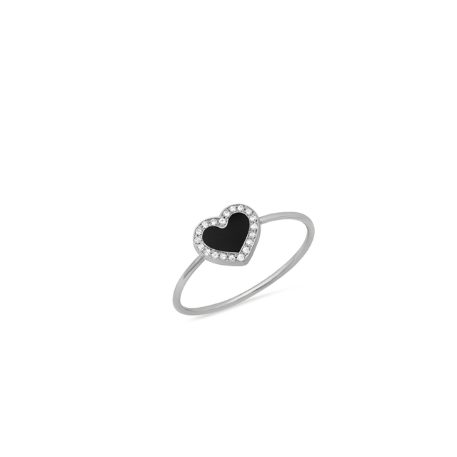 White Gold Extra Small Onyx Inlay Heart Ring with Diamonds