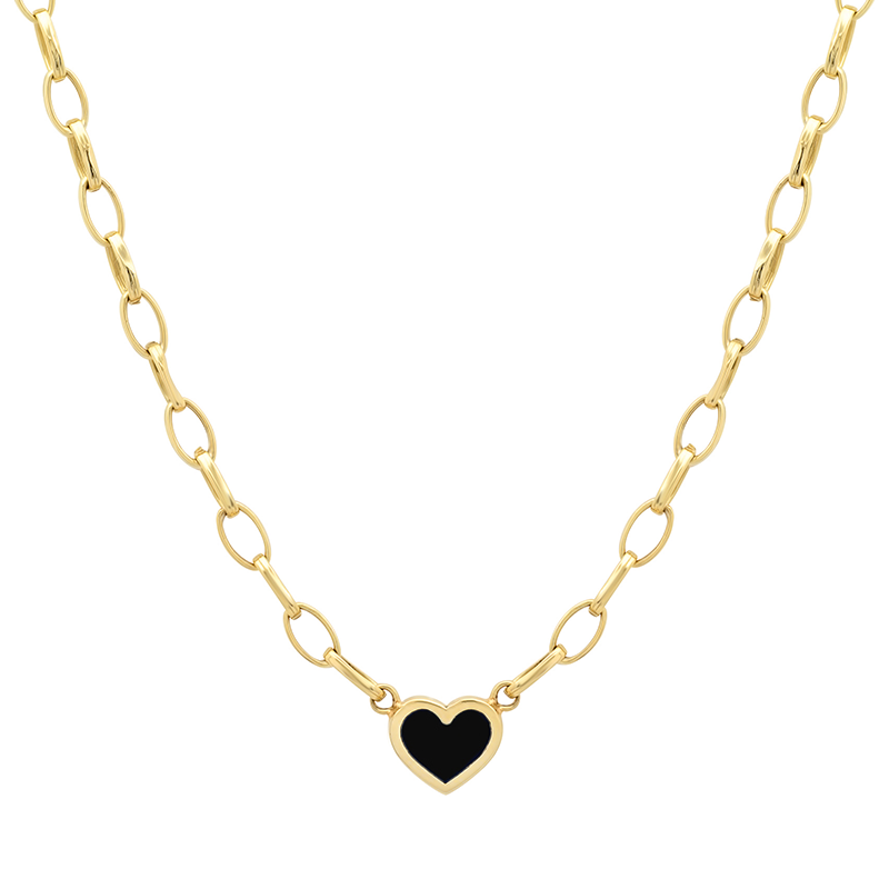 Small Edith Link Necklace with Onyx Inlay Heart