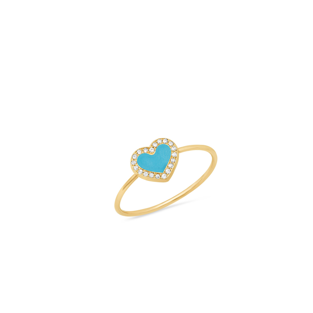 Extra Small Turquoise Inlay Heart Ring with Diamonds