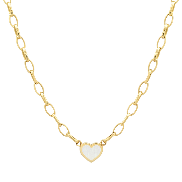 Small Edith Link Necklace with Mother Of Pearl Inlay Heart