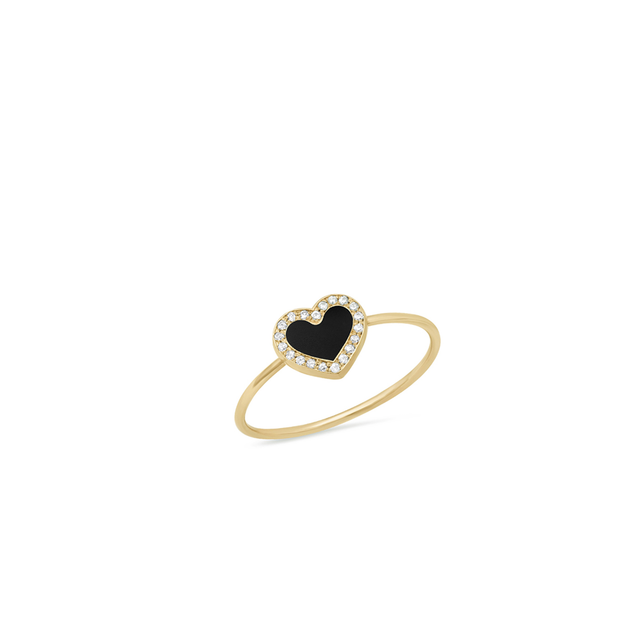 Extra Small Onyx Inlay Heart Ring with Diamonds