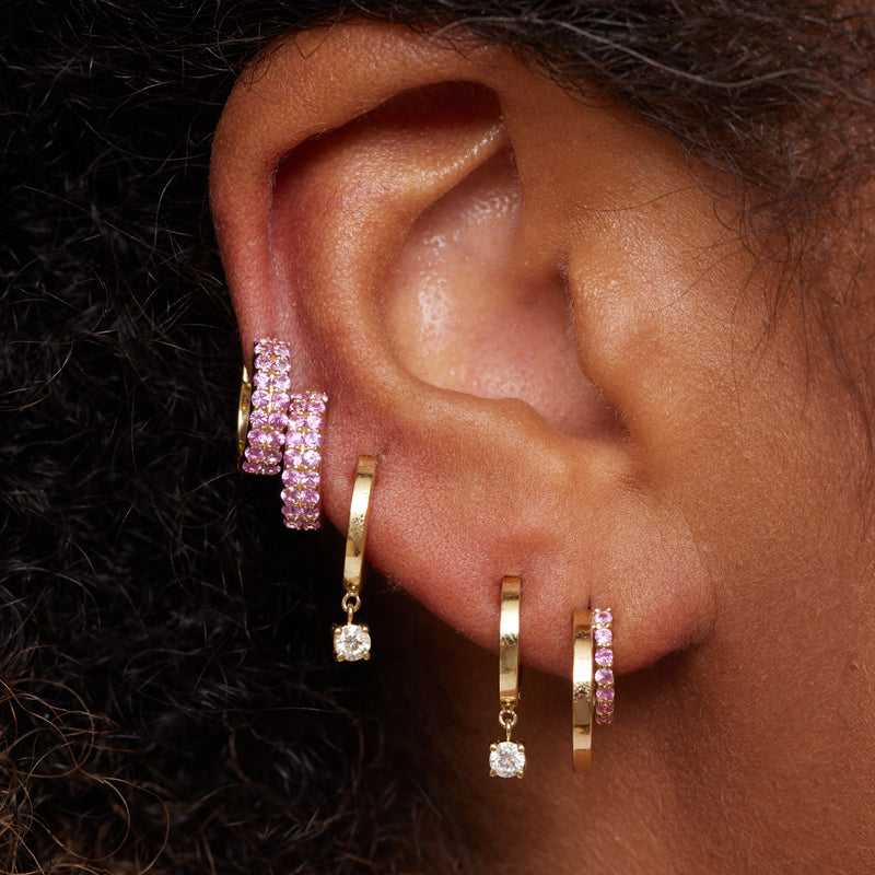 Mini Double Hoop with 4-Prong Pink Sapphire Accent
