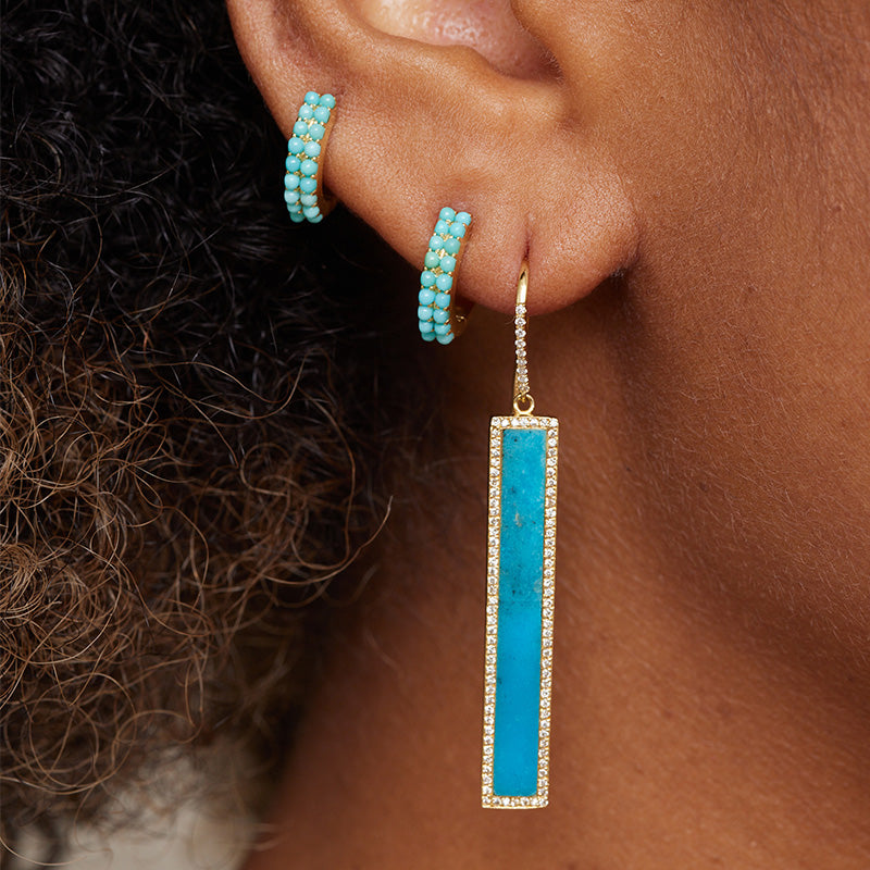 Turquoise Inlay Long Bar Earrings with Diamonds