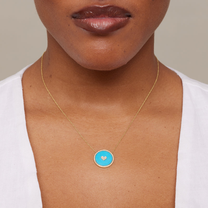 Small Turquoise Inlay Circle Necklace with Diamond and Heart Detail