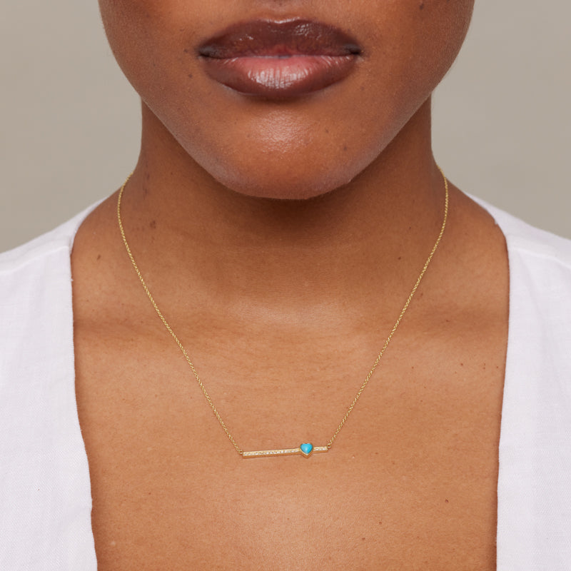 Diamond Stick Necklace with Heart Cut Turquoise Accent