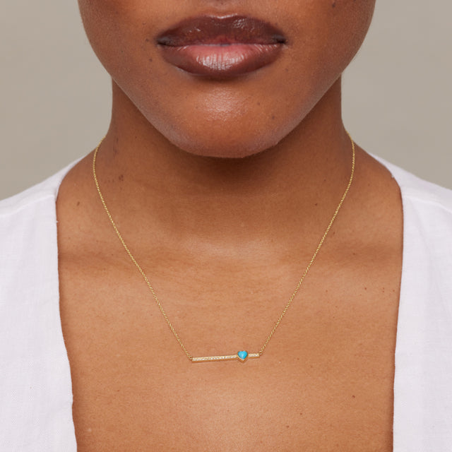 Diamond Stick Necklace with Heart Cut Turquoise Accent