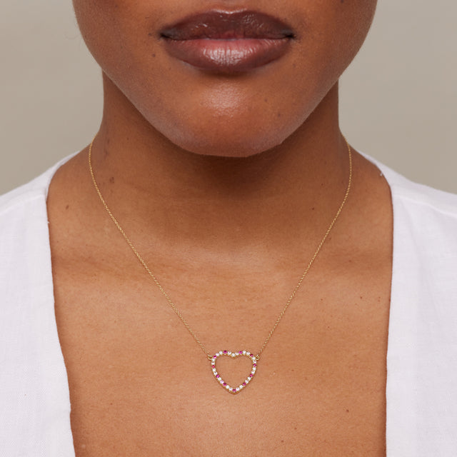 Large Diamond, Pink Sapphire and Ruby Open Heart Necklace