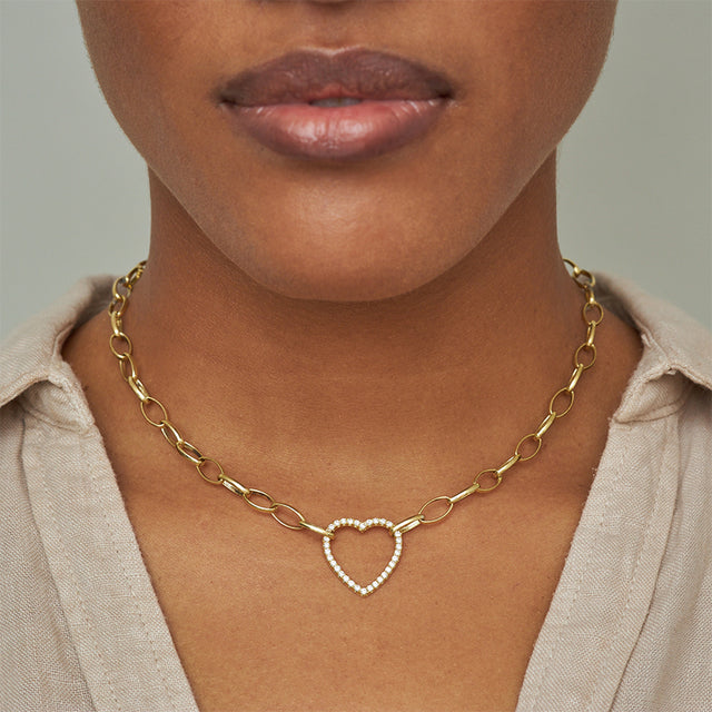 Medium Edith Link Necklace with Diamond Open Heart Accent