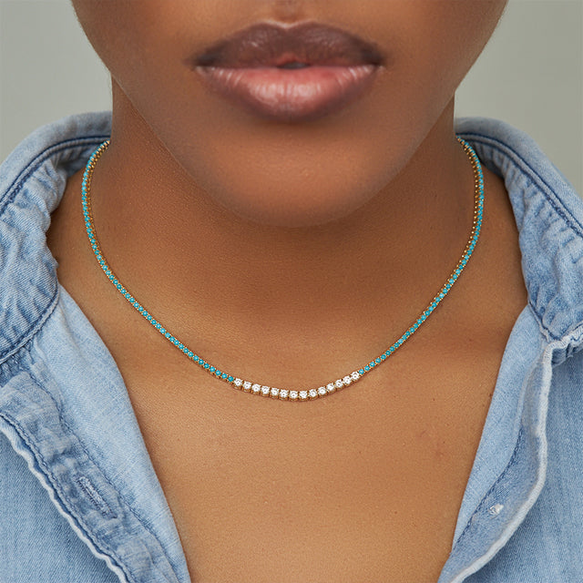 4-Prong Turquoise Tennis Necklace with Large 4-Prong Diamond Accent