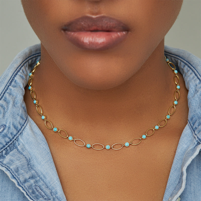 Medium Edith Link Necklace with Turquoise Bezel Accents