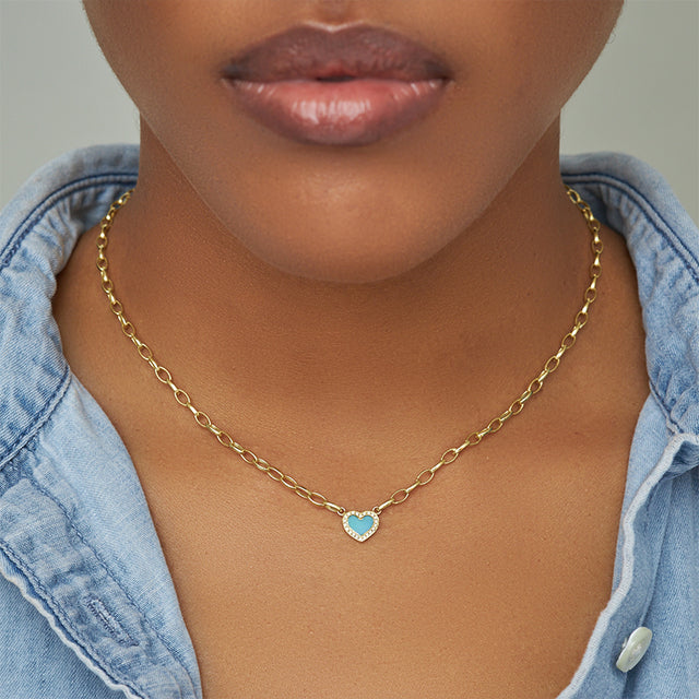Small Edith Link Necklace with Turquoise Inlay Heart with Diamonds