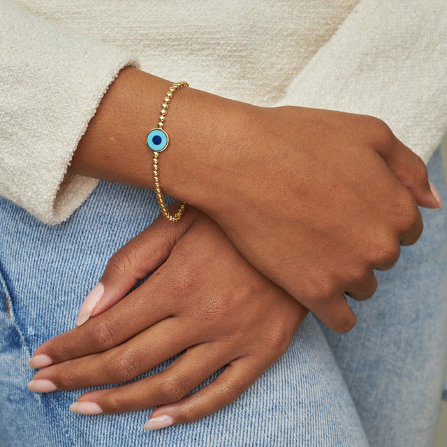 Bezel Tennis Bracelet with Mini Turquoise Inlay Evil Eye Accent