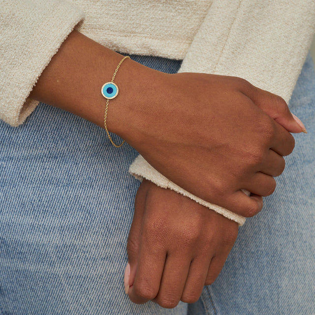 Mini Turquoise Inlay Evil Eye Bracelet with Diamonds