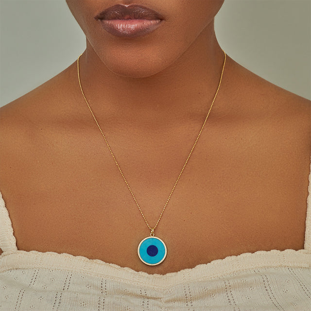 Large Turquoise Inlay Evil Eye Pendant with Diamonds