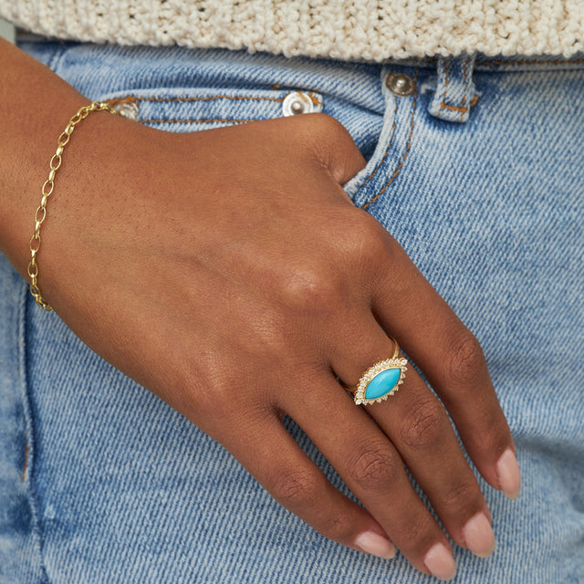 Turquoise Marquise Ring with 3-Prong Diamond Surround