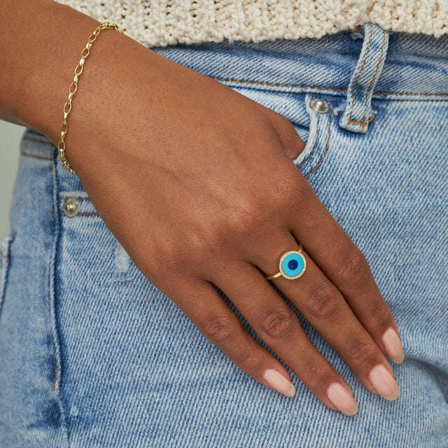 Turquoise Inlay Evil Eye Ring with Diamonds