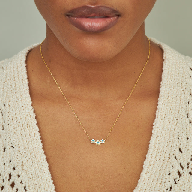 Diamond 3 Flower Necklace with Turquoise Center