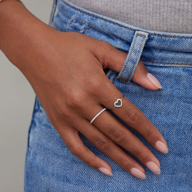 White Gold Extra Small Onyx Inlay Heart Ring with Diamonds