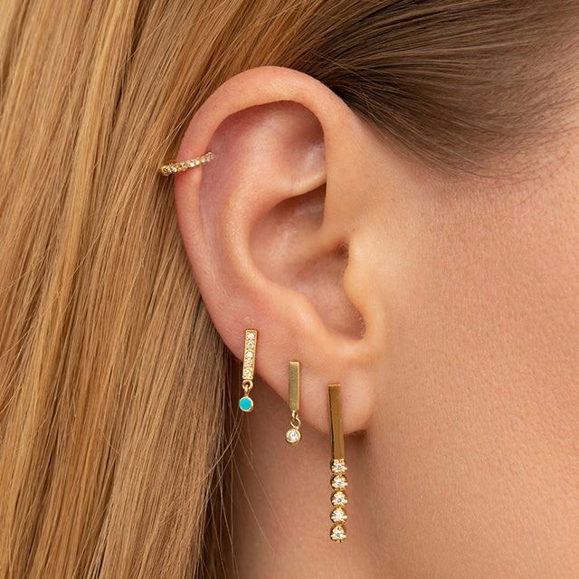 Diamond Bar Studs with Turquoise Bezel Drop