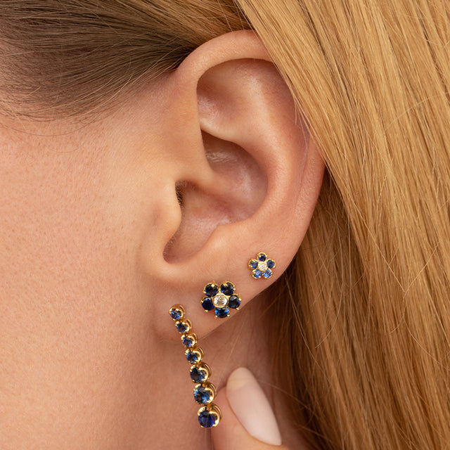 Blue Sapphire Flower Studs with Diamond Center