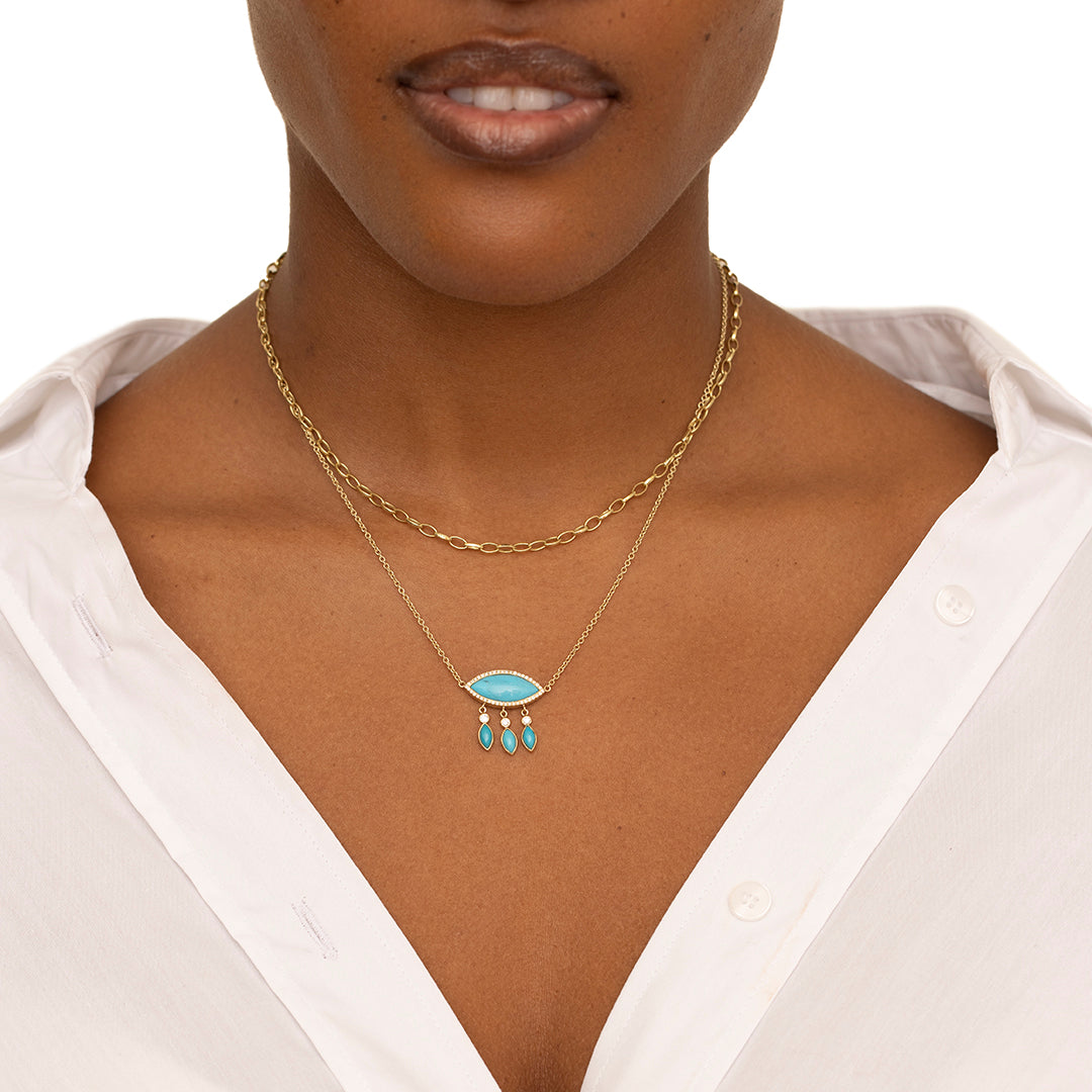 Large Turquoise Marquise Necklace with Diamonds and Turquoise Fringe