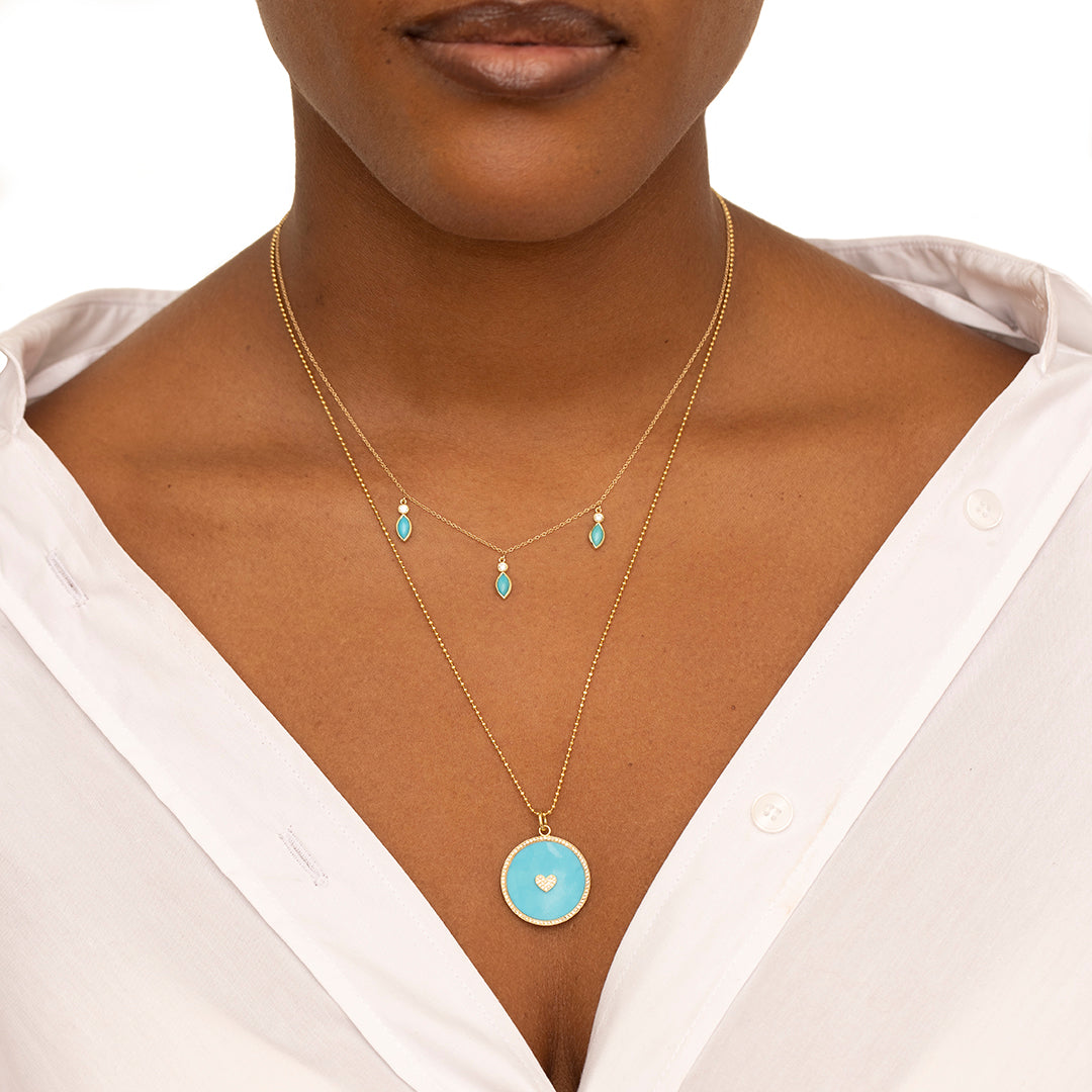 3 Diamond Bezel with Turquoise Marquise Dangle Necklace