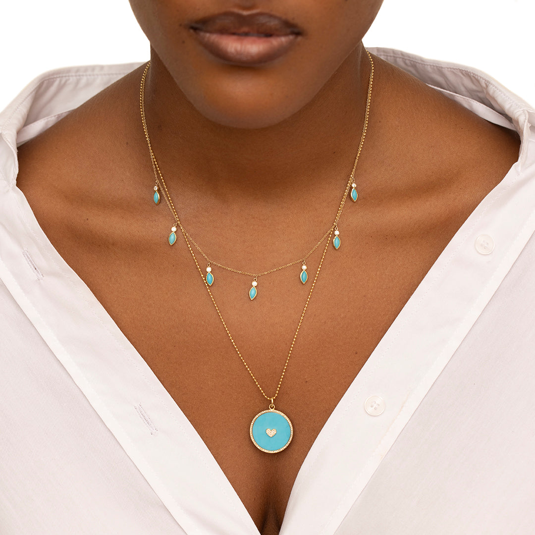 7 Diamond Bezel with Turquoise Marquise Dangle Necklace