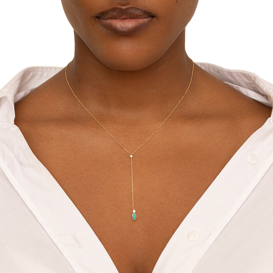 Diamond Bezel with Turquoise Marquise Lariat Necklace