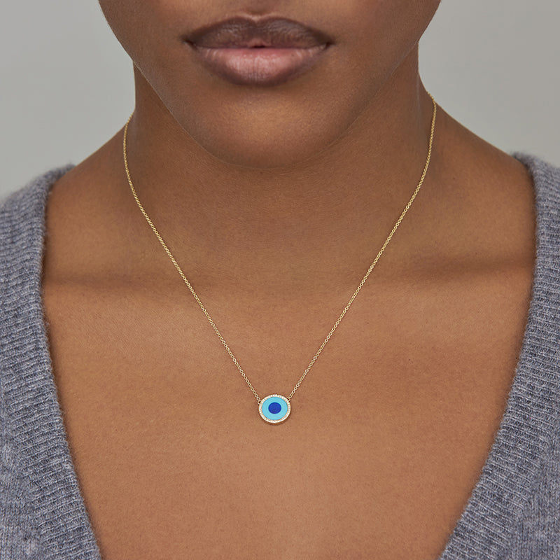Mini Turquoise Inlay Evil Eye Necklace with Diamonds