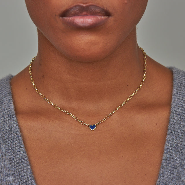 Small Edith Link Necklace with Lapis Inlay Heart